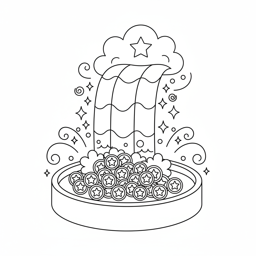 Rainbow waterfall cascading pool gold coins magical - Free Printable Coloring Page Rainbow waterfall cascading pool gold coins magical - Free Printable Coloring Page