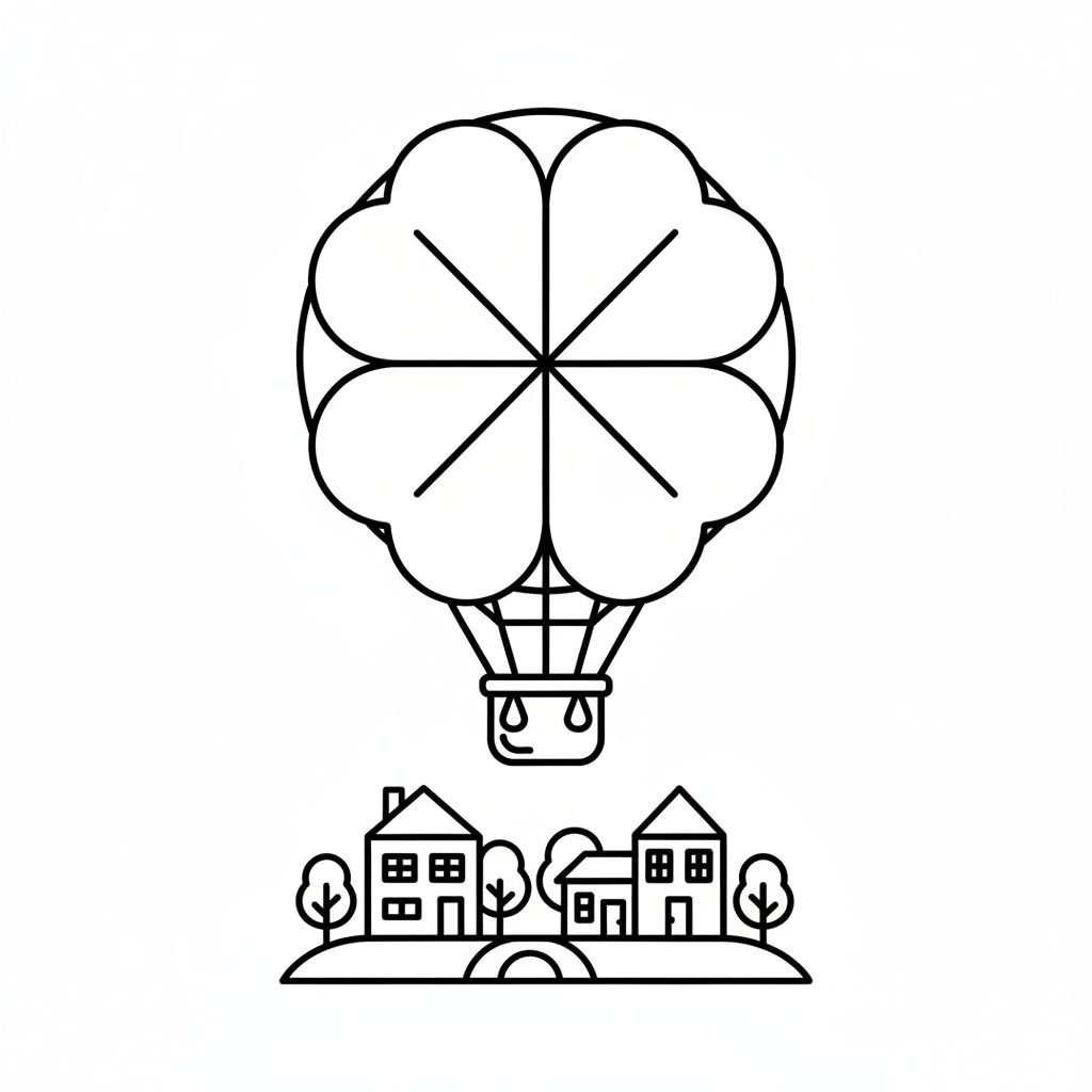 Globo aerostático con forma de trébol flotando sobre el pueblo. - Página para colorear gratis