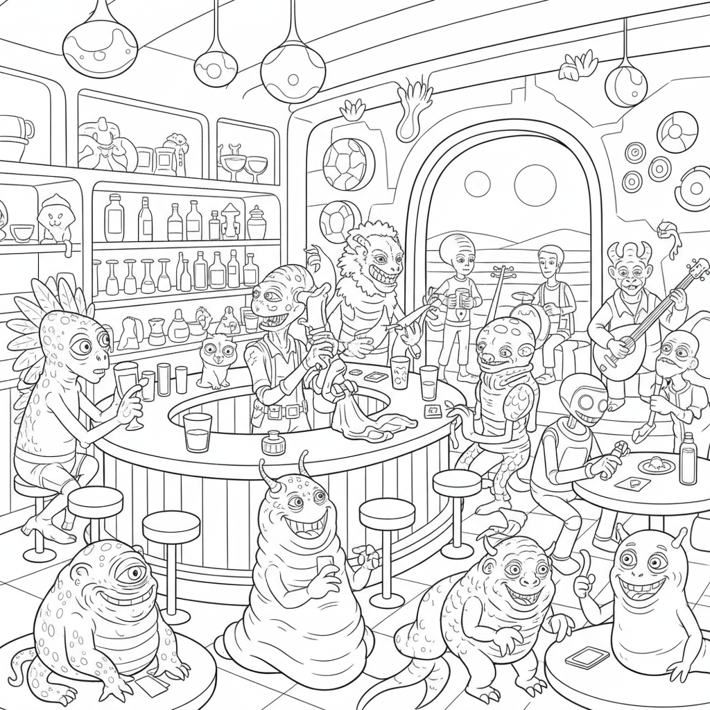 A cantina bar scene with diverse alien creatures socializing - Free Printable Coloring Page A cantina bar scene with diverse alien creatures socializing - Free Printable Coloring Page