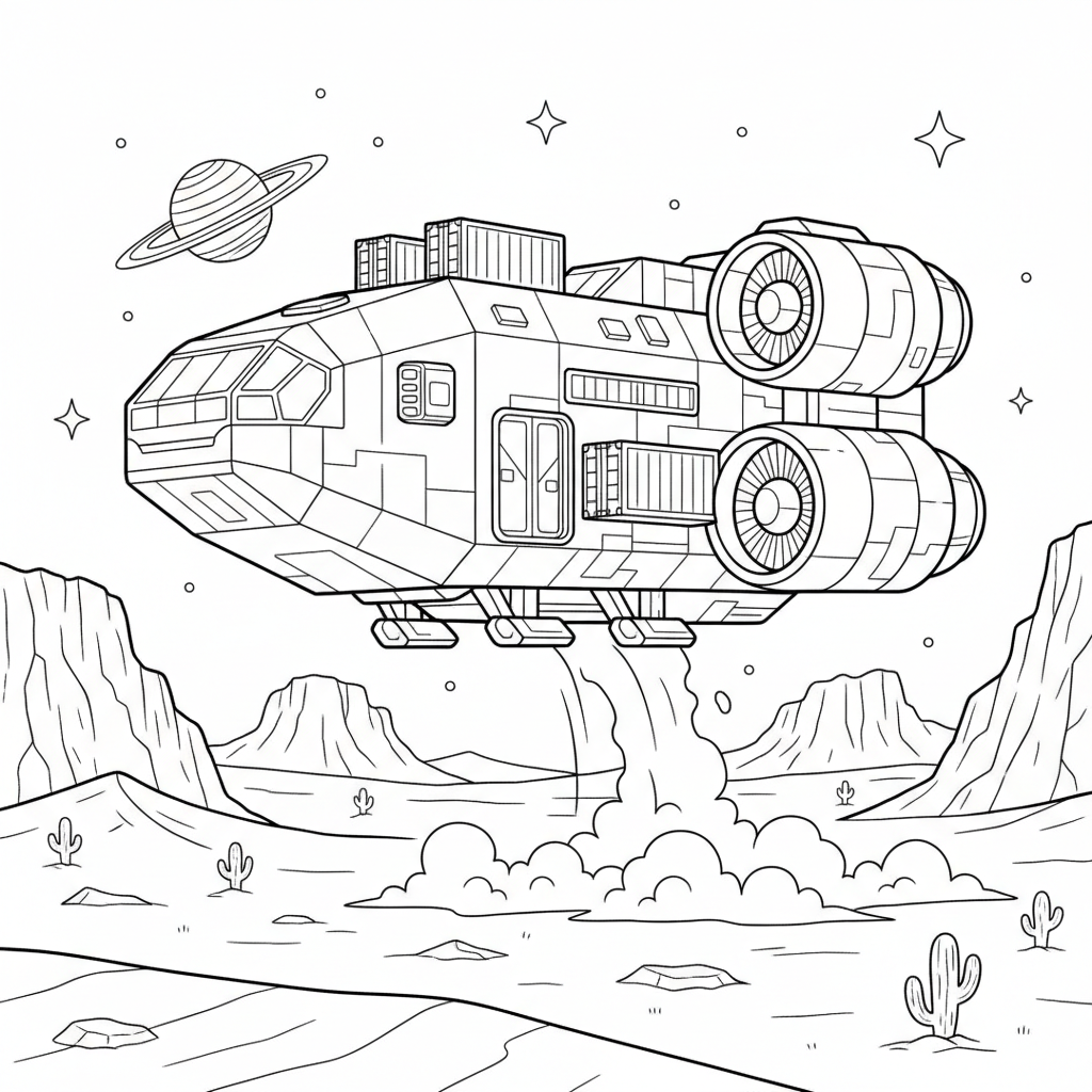 A cargo ship spaceship landing on a dusty desert planet - Free Printable Coloring Page