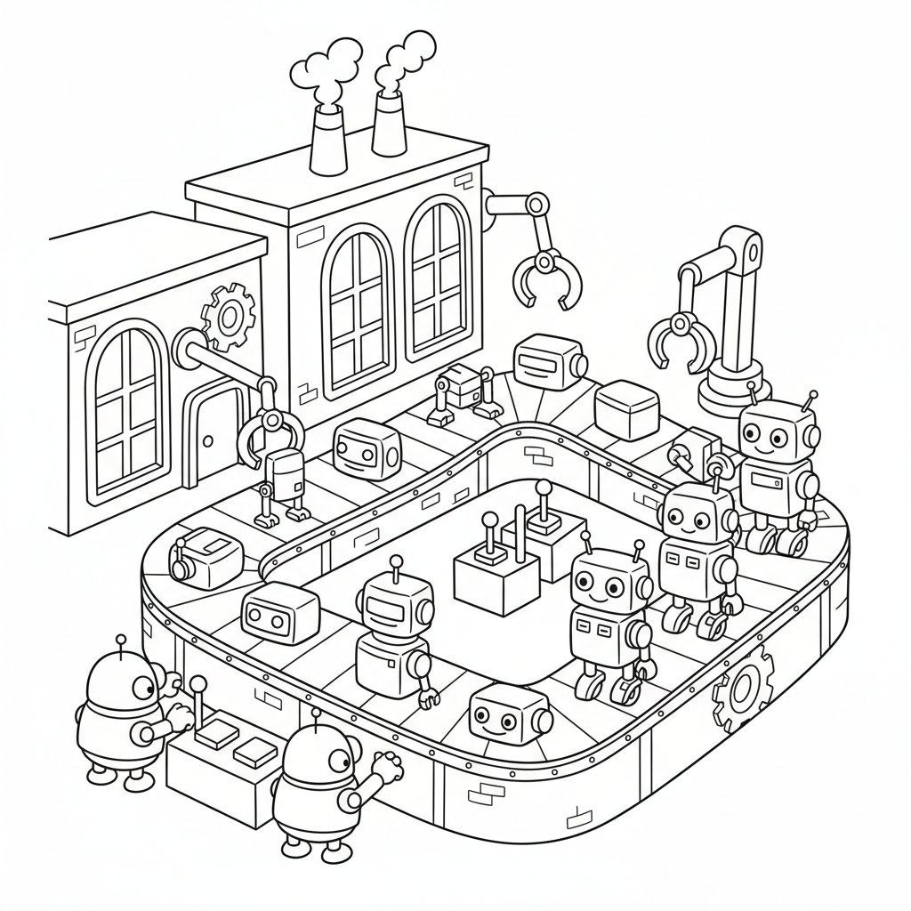 A droid factory with conveyor belts assembling robots - Free Printable Coloring Page A droid factory with conveyor belts assembling robots - Free Printable Coloring Page