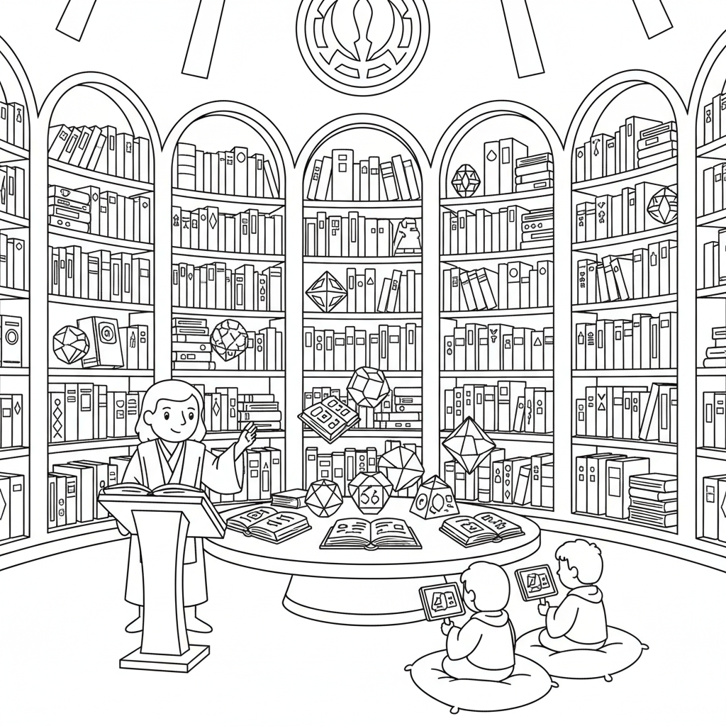 A Jedi temple library with ancient books and holocrons - Free Printable Coloring Page A Jedi temple library with ancient books and holocrons - Free Printable Coloring Page