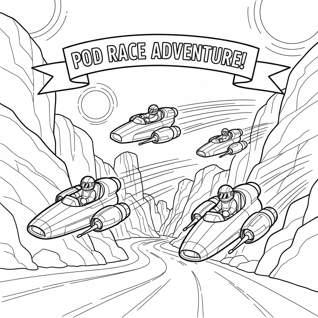 A pod race with sleek vehicles zooming through desert canyon - Free Printable Coloring Page