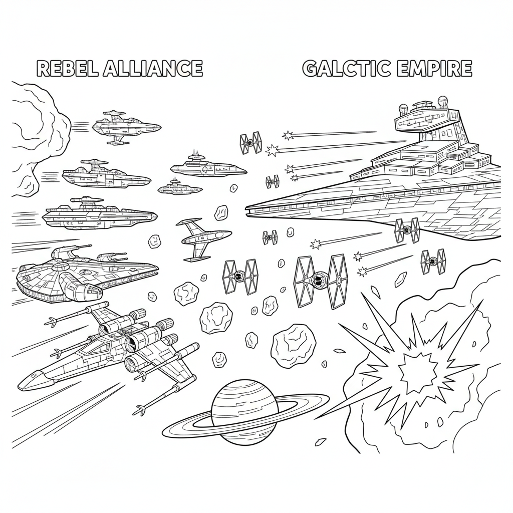 A space battle between rebel and empire starships dramatic - Free Printable Coloring Page A space battle between rebel and empire starships dramatic - Free Printable Coloring Page