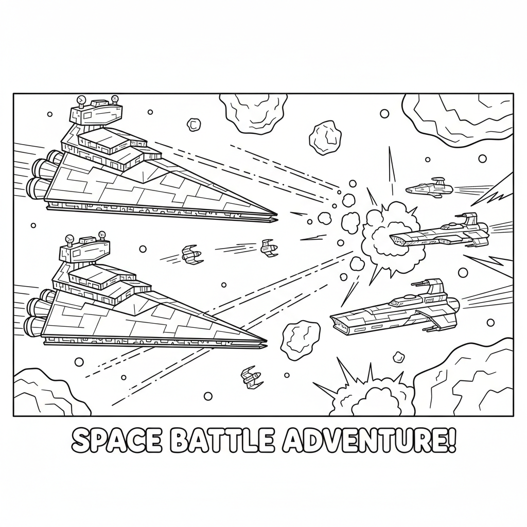 A space battle star destroyers and rebel cruisers firing - Free Printable Coloring Page