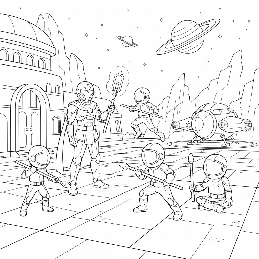 A space knight master training young students in courtyard - Free Printable Coloring Page