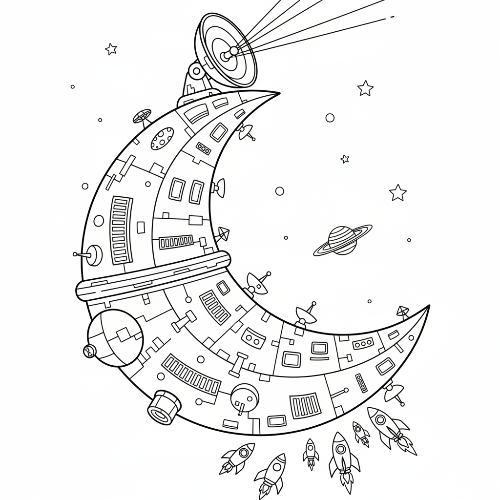 A space station shaped like a moon with laser dish on top - Free Printable Coloring Page A space station shaped like a moon with laser dish on top - Free Printable Coloring Page