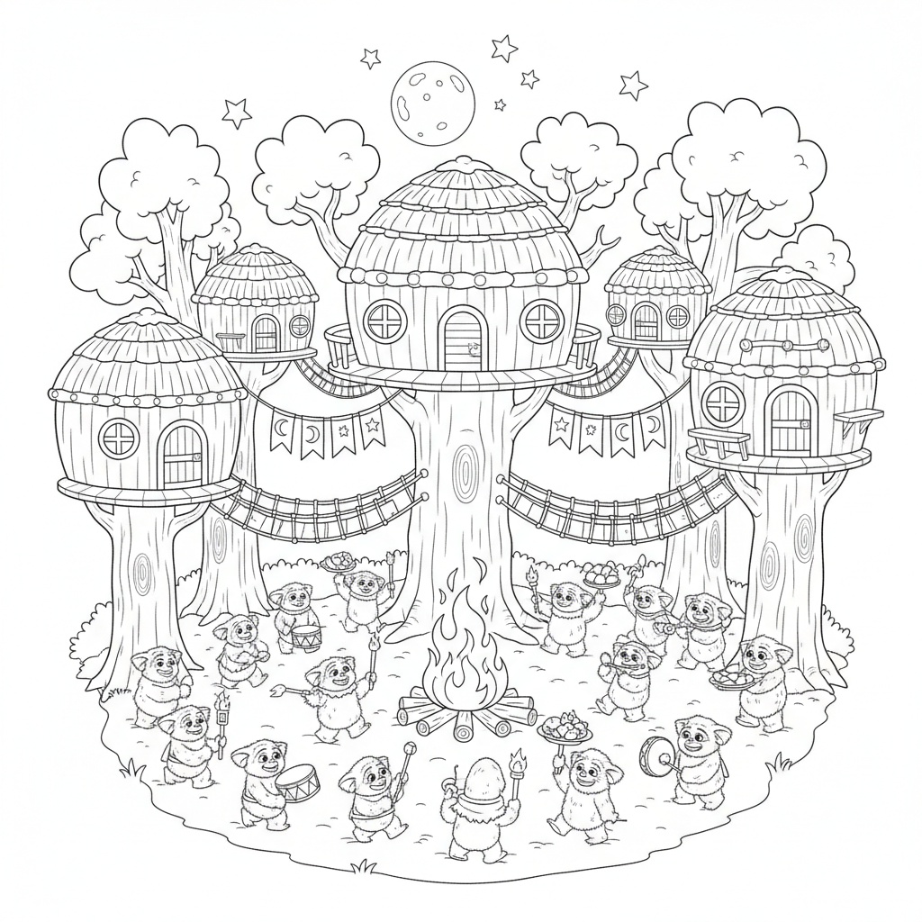 Une fête dans une cabane perchée dans un arbre du village Ewok, une nuit autour d'un feu de joie - Coloriage gratuit à imprimer