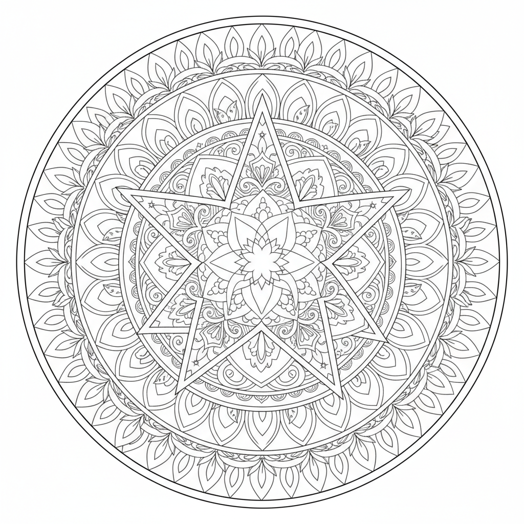 Fünfzackiges Stern-Mandala - Kostenloses druckbares Ausmalbild