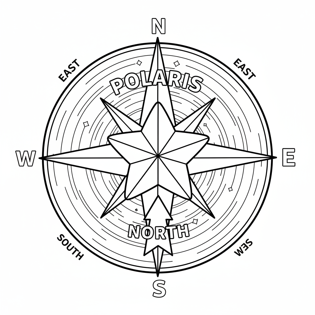 North star navigation guide Polaris compass direction - Free Printable Coloring Page