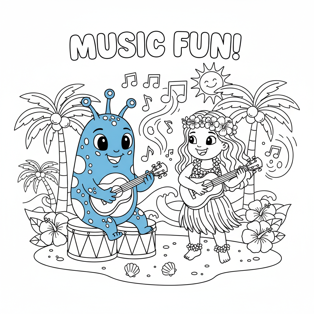 A blue alien creature and Hawaiian girl playing ukulele music fun - Free Printable Coloring Page A blue alien creature and Hawaiian girl playing ukulele music fun - Free Printable Coloring Page