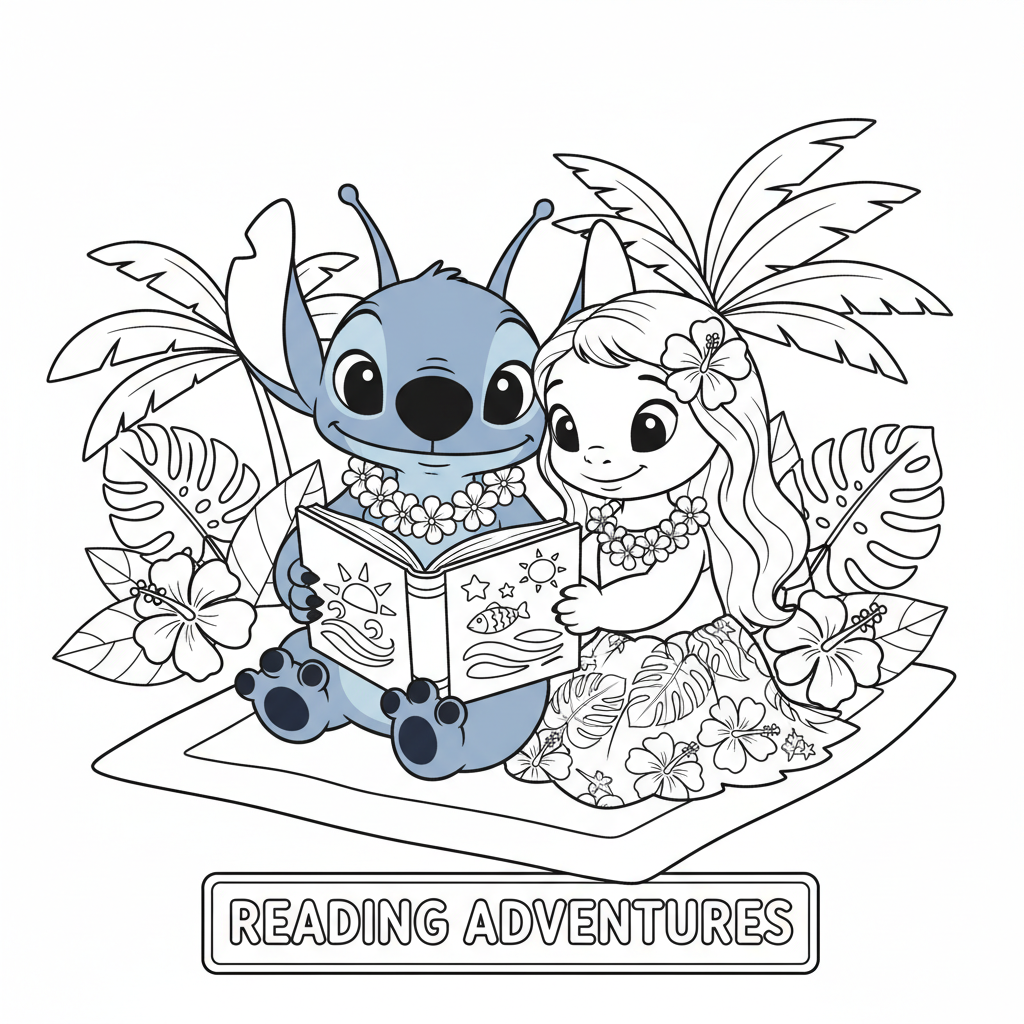 A blue alien creature and Hawaiian girl reading book together cozy - Free Printable Coloring Page A blue alien creature and Hawaiian girl reading book together cozy - Free Printable Coloring Page
