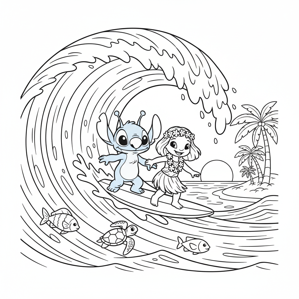 A blue alien creature and Hawaiian girl surfing big wave beach - Free Printable Coloring Page A blue alien creature and Hawaiian girl surfing big wave beach - Free Printable Coloring Page