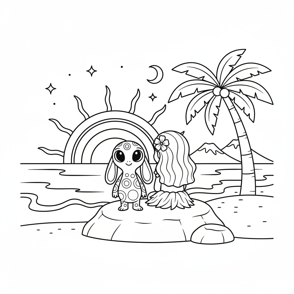 A blue alien creature and Hawaiian girl watching sunset at beach - Free Printable Coloring Page A blue alien creature and Hawaiian girl watching sunset at beach - Free Printable Coloring Page
