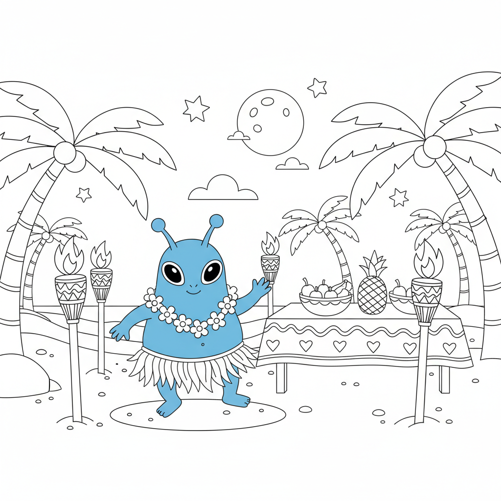 A blue alien creature at a tropical luau party with tiki torches - Free Printable Coloring Page A blue alien creature at a tropical luau party with tiki torches - Free Printable Coloring Page