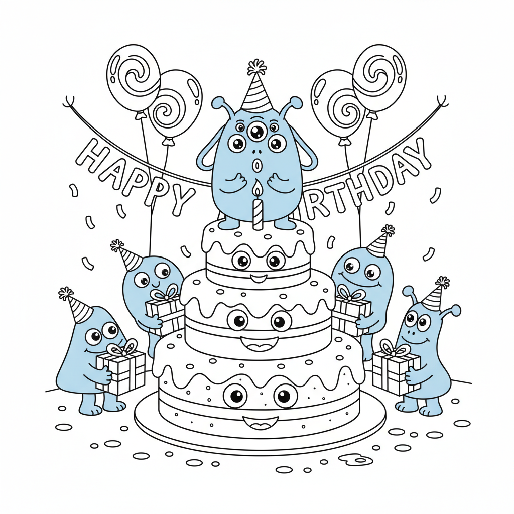 A cute blue alien creature birthday party cake and friends - Free Printable Coloring Page A cute blue alien creature birthday party cake and friends - Free Printable Coloring Page