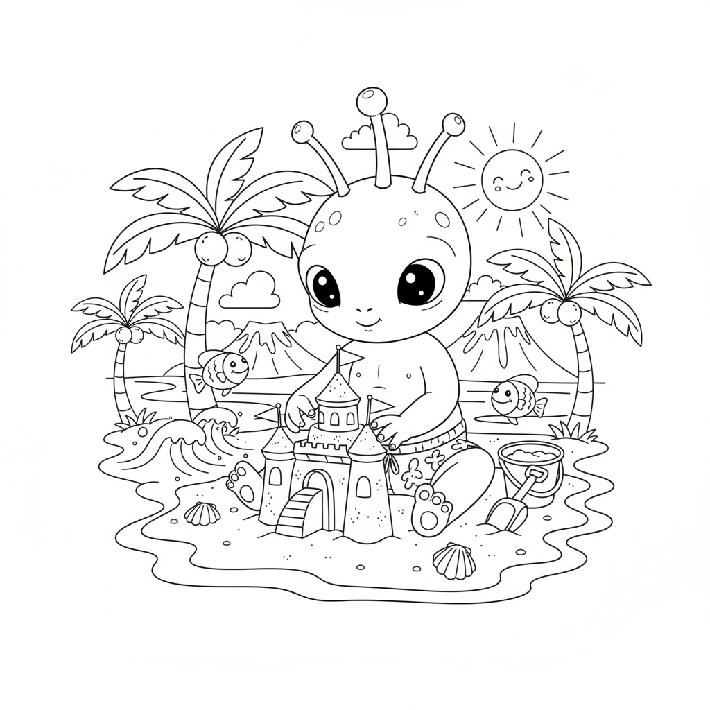 A cute blue alien creature building sandcastle at tropical beach - Free Printable Coloring Page A cute blue alien creature building sandcastle at tropical beach - Free Printable Coloring Page