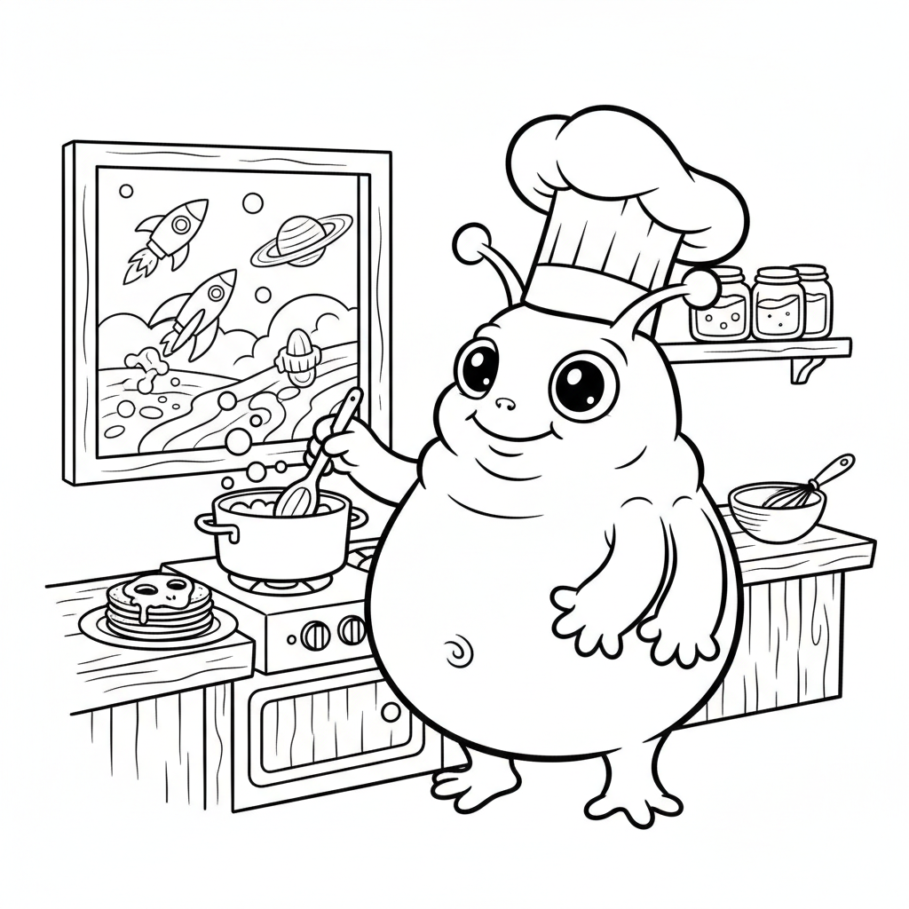 A cute blue alien creature cooking in kitchen with chef hat - Free Printable Coloring Page A cute blue alien creature cooking in kitchen with chef hat - Free Printable Coloring Page