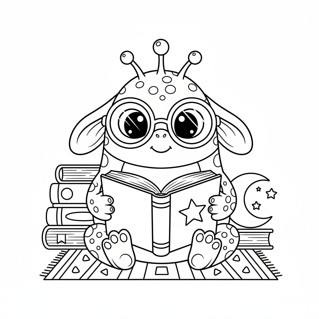 A cute blue alien creature reading book with glasses smart - Free Printable Coloring Page A cute blue alien creature reading book with glasses smart - Free Printable Coloring Page