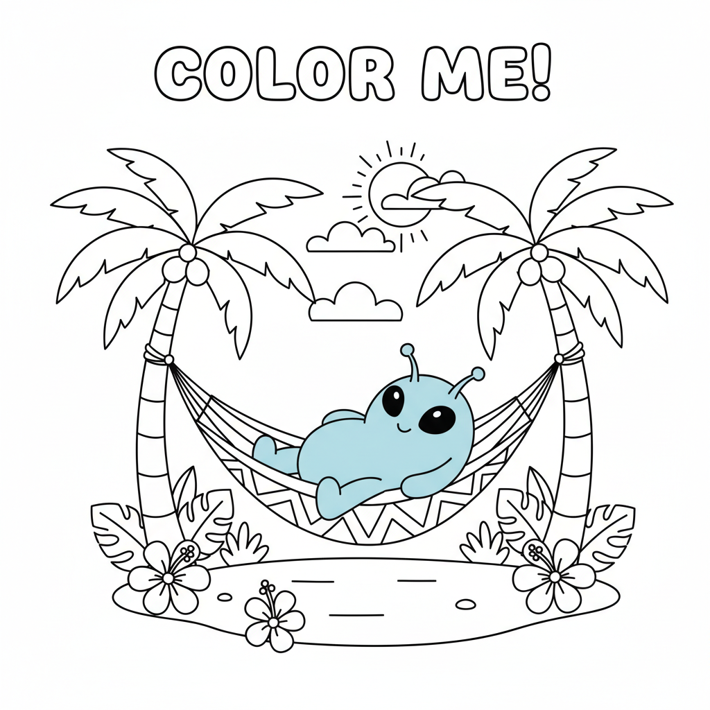 A cute blue alien creature relaxing in hammock between palm trees - Free Printable Coloring Page A cute blue alien creature relaxing in hammock between palm trees - Free Printable Coloring Page