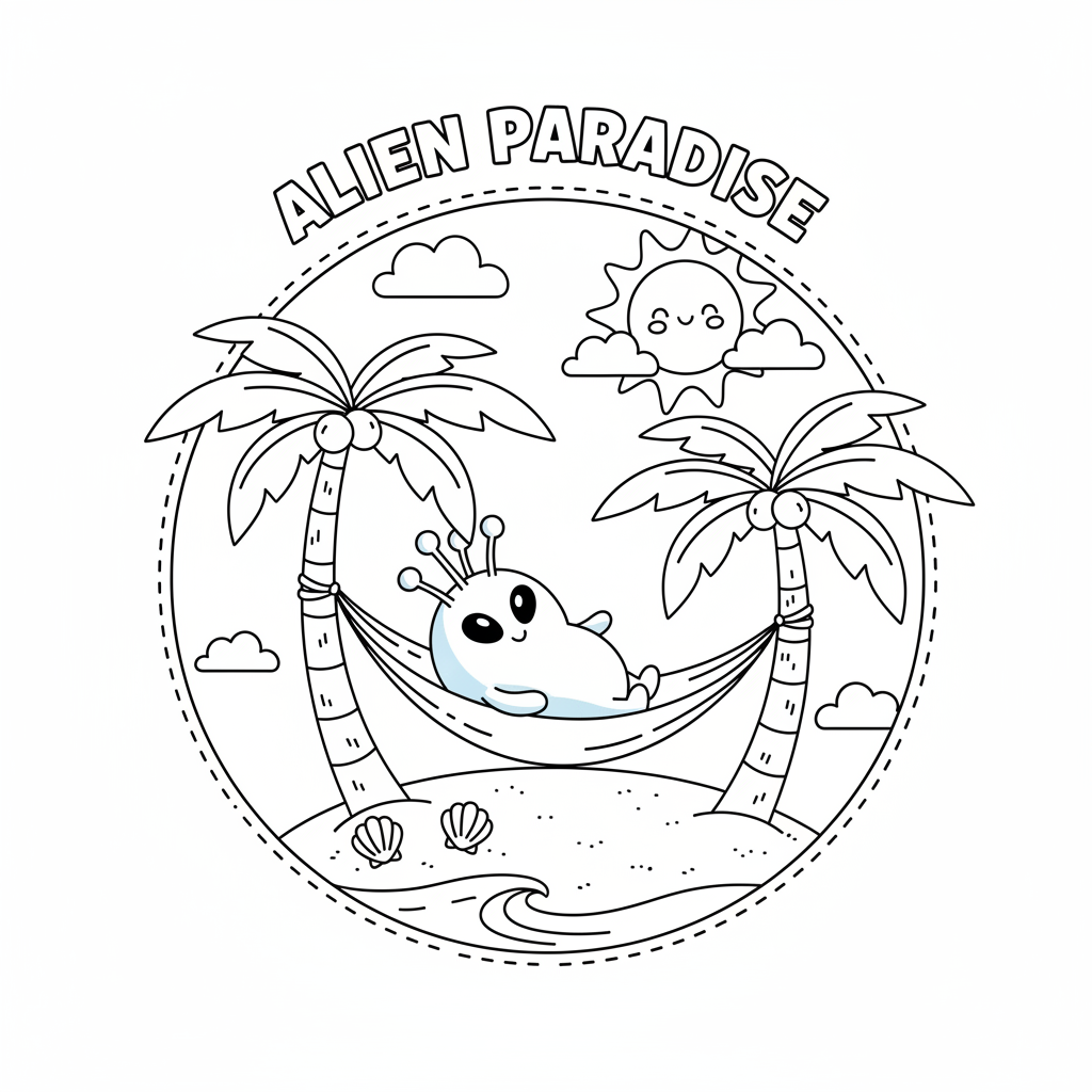A cute blue alien creature relaxing on palm tree tropical island - Free Printable Coloring Page A cute blue alien creature relaxing on palm tree tropical island - Free Printable Coloring Page