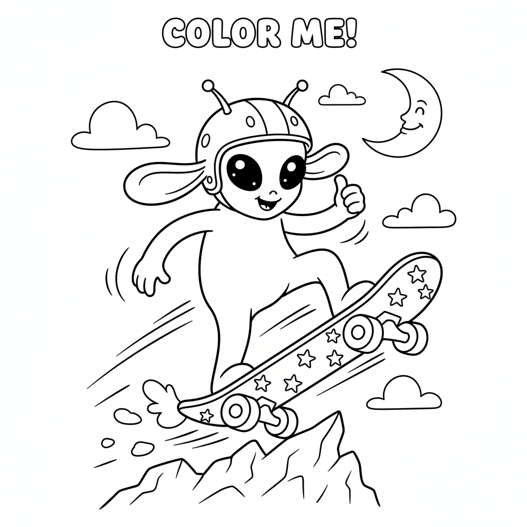 A cute blue alien creature skateboarding doing cool tricks - Free Printable Coloring Page A cute blue alien creature skateboarding doing cool tricks - Free Printable Coloring Page