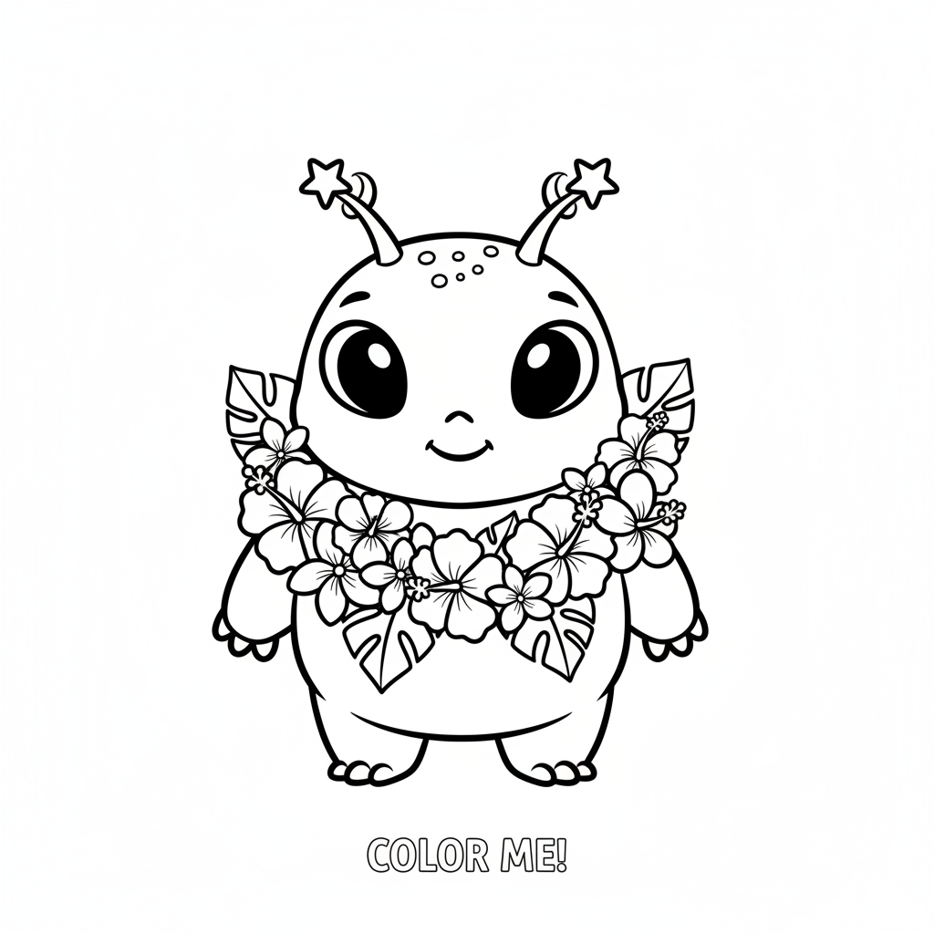 A cute blue alien creature wearing Hawaiian lei flowers tropical - Free Printable Coloring Page A cute blue alien creature wearing Hawaiian lei flowers tropical - Free Printable Coloring Page