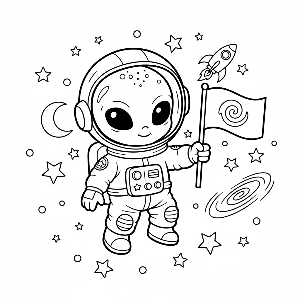A small blue alien creature as astronaut in space exploring stars - Free Printable Coloring Page A small blue alien creature as astronaut in space exploring stars - Free Printable Coloring Page