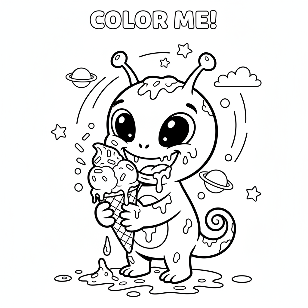 A small blue alien creature eating ice cream messy and happy - Free Printable Coloring Page A small blue alien creature eating ice cream messy and happy - Free Printable Coloring Page