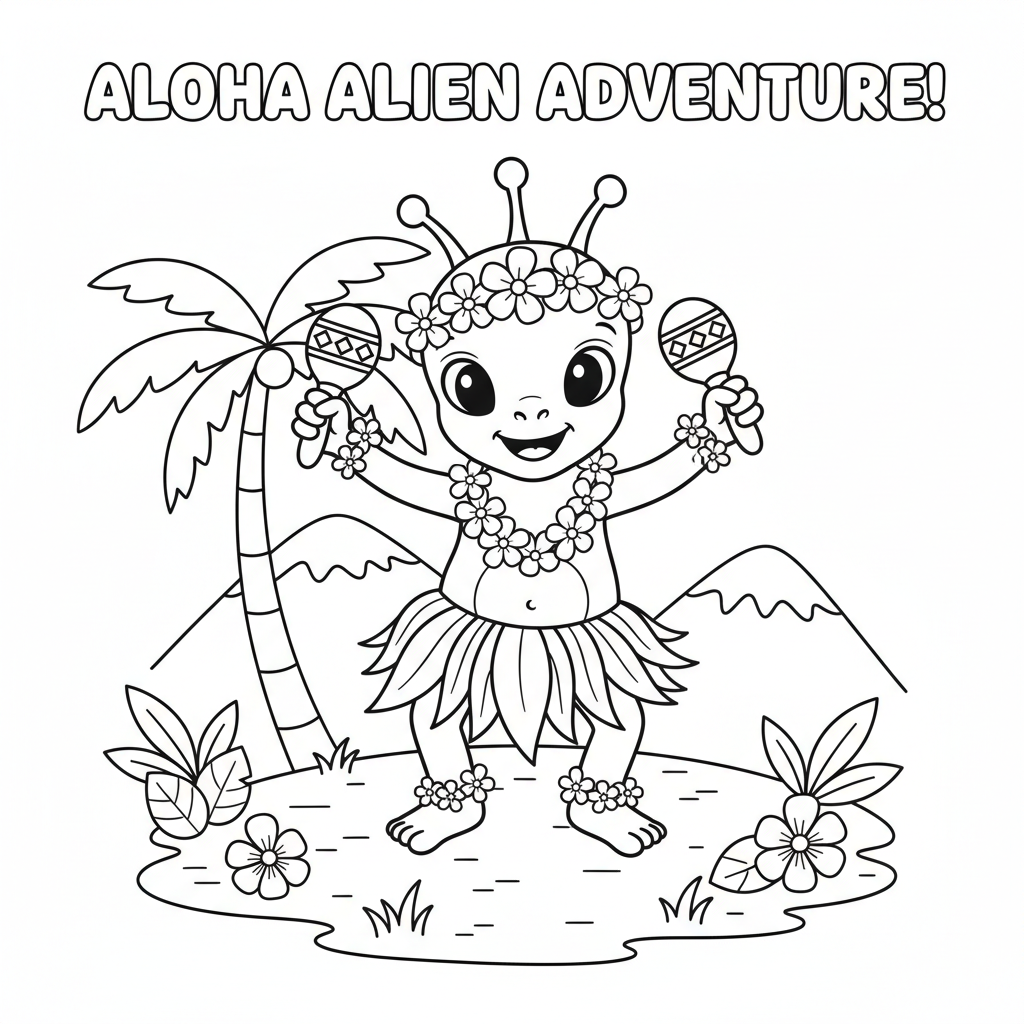 A small blue alien creature hula dancing in grass skirt Hawaiian - Free Printable Coloring Page A small blue alien creature hula dancing in grass skirt Hawaiian - Free Printable Coloring Page