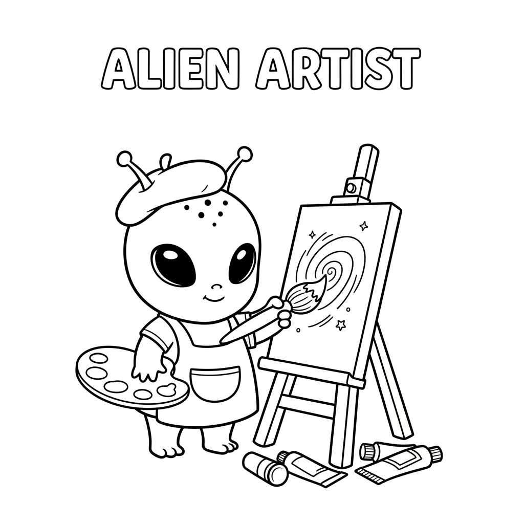 A small blue alien creature painting picture as artist with brush - Free Printable Coloring Page A small blue alien creature painting picture as artist with brush - Free Printable Coloring Page