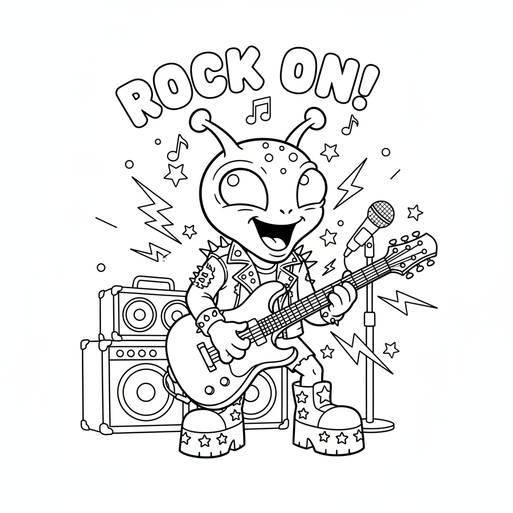 A small blue alien creature playing guitar rock star performance - Free Printable Coloring Page A small blue alien creature playing guitar rock star performance - Free Printable Coloring Page