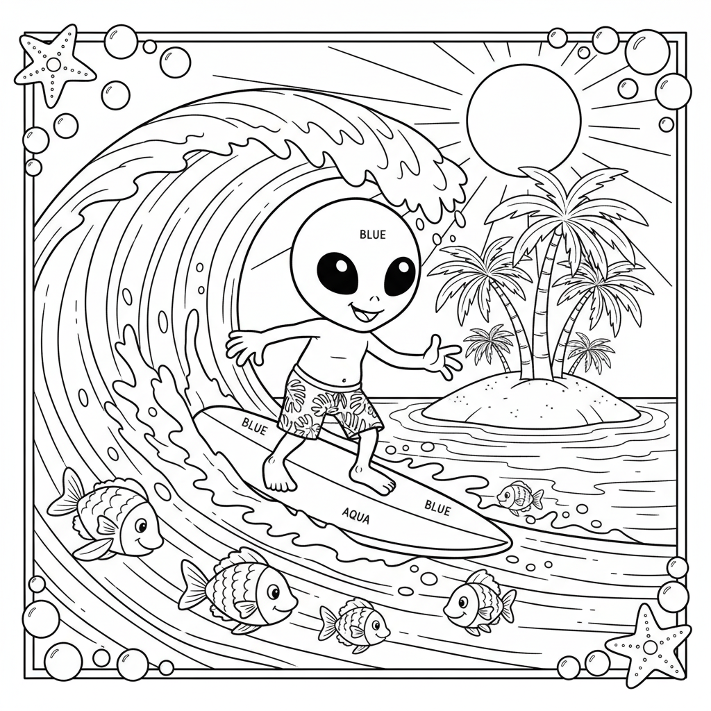 A small blue alien creature surfing big wave in tropical ocean - Free Printable Coloring Page A small blue alien creature surfing big wave in tropical ocean - Free Printable Coloring Page