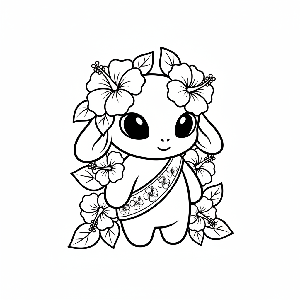 A small blue alien creature with hibiscus flower decoration - Free Printable Coloring Page A small blue alien creature with hibiscus flower decoration - Free Printable Coloring Page