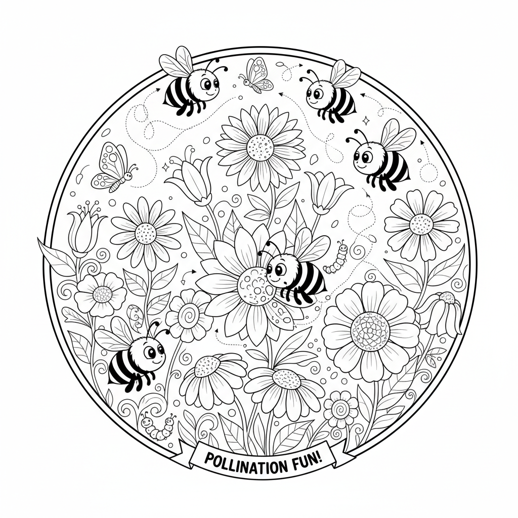 Des abeilles bourdonnent autour d'un jardin fleuri pour le polliniser. - Coloriage gratuit à imprimer