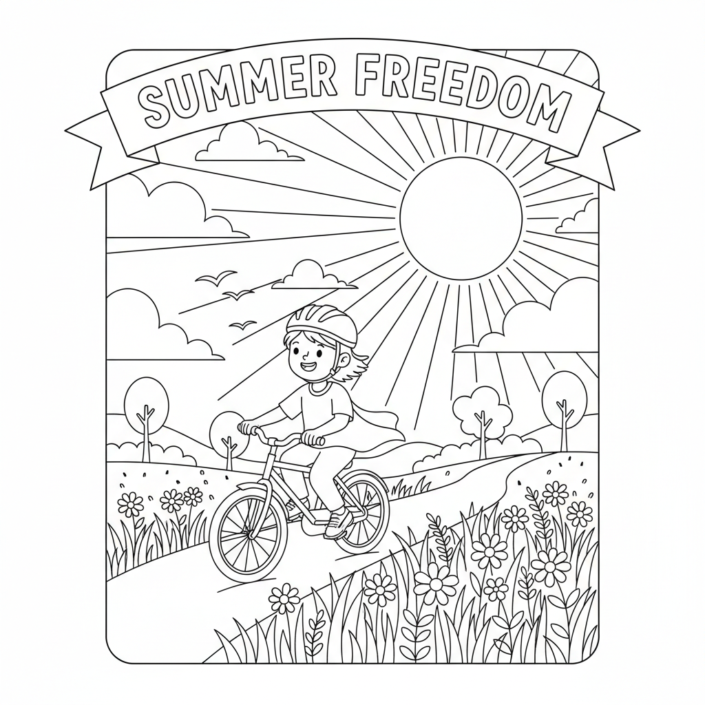 Fietstocht op een zomerse dag, vrijheid - Gratis afdrukbare kleurplaat Fietstocht op een zomerse dag, vrijheid - Gratis afdrukbare kleurplaat