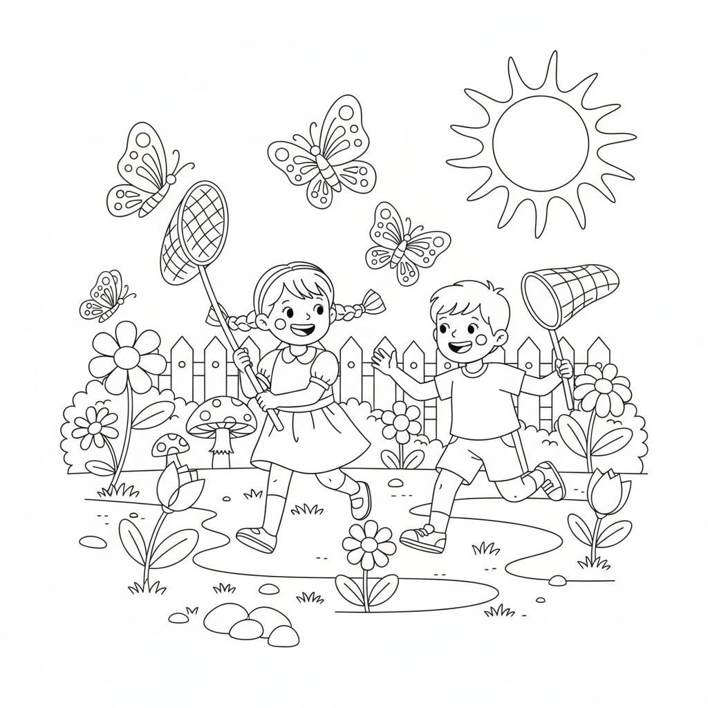 Butterfly catching with net garden fun - Free Printable Coloring Page