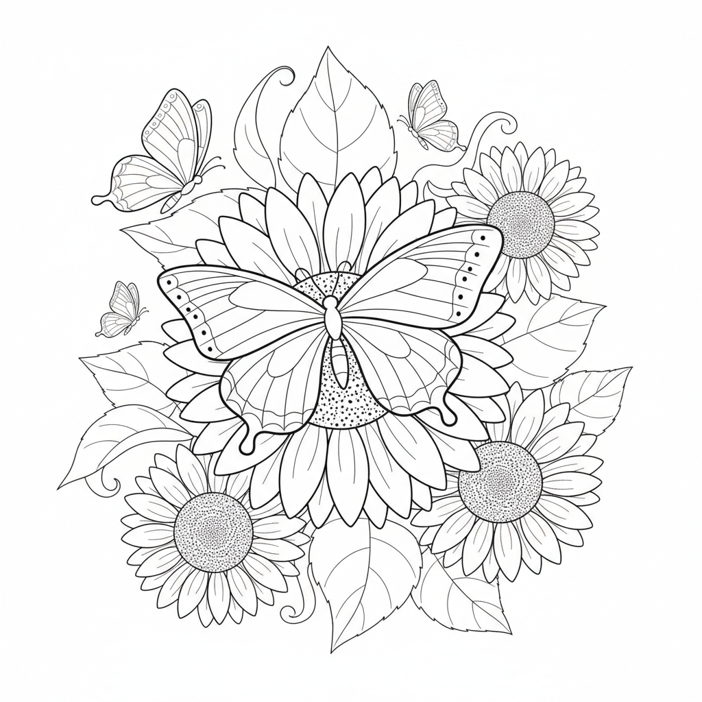 Papillon sur un jardin de tournesols en fleurs - Coloriage gratuit à imprimer