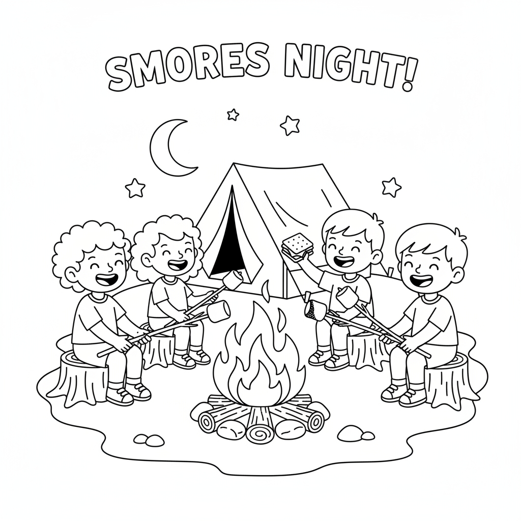 Soirée guimauves grillées au feu de camp et s'mores - Coloriage gratuit à imprimer Soirée guimauves grillées au feu de camp et s'mores - Coloriage gratuit à imprimer