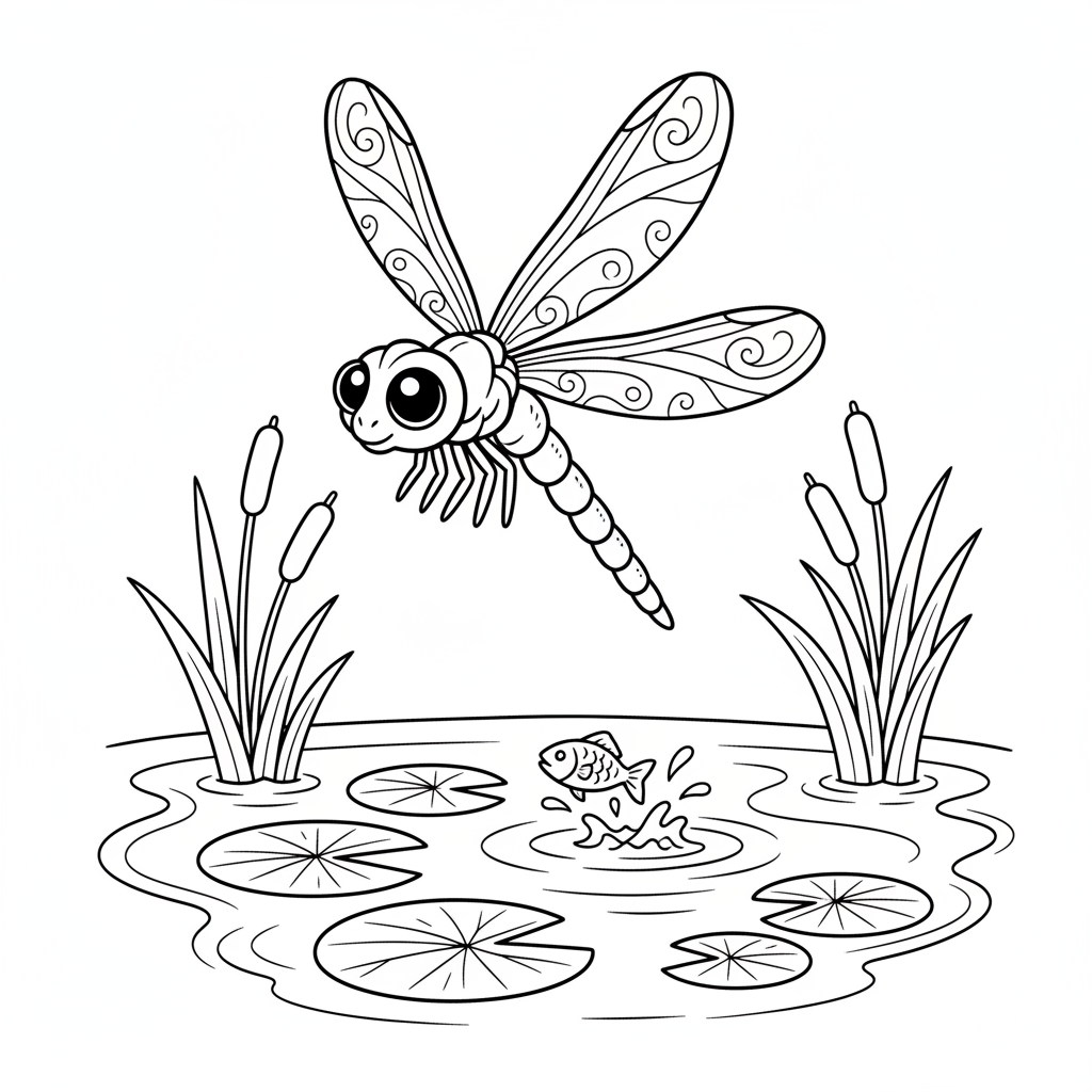 Libellule planant près de l'eau d'un étang - Coloriage gratuit à imprimer
