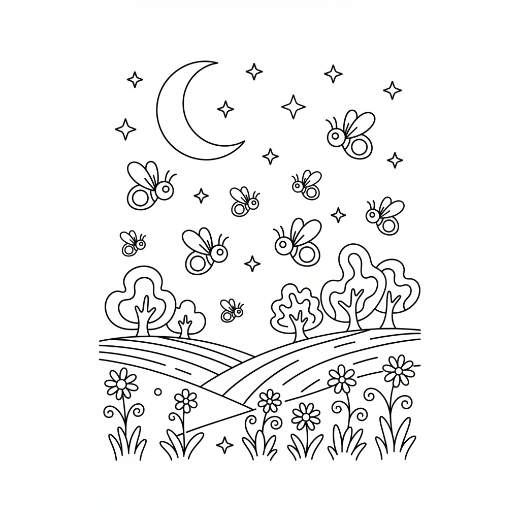 Lucioles scintillant au crépuscule, été magique - Coloriage gratuit à imprimer