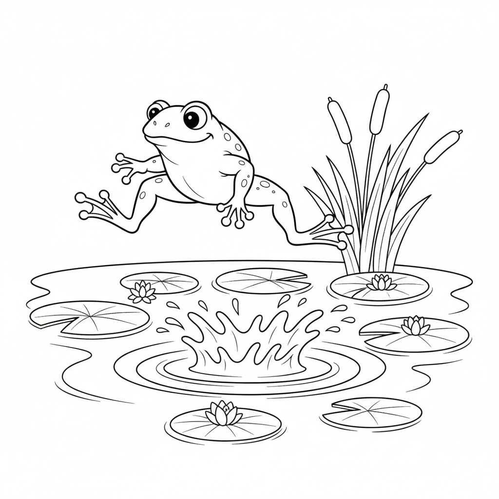 Frog jumping into lily pond splash - Free Printable Coloring Page