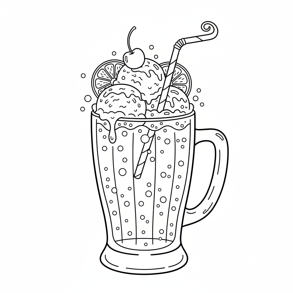 Ice cream float with straw refreshing - Free Printable Coloring Page Ice cream float with straw refreshing - Free Printable Coloring Page