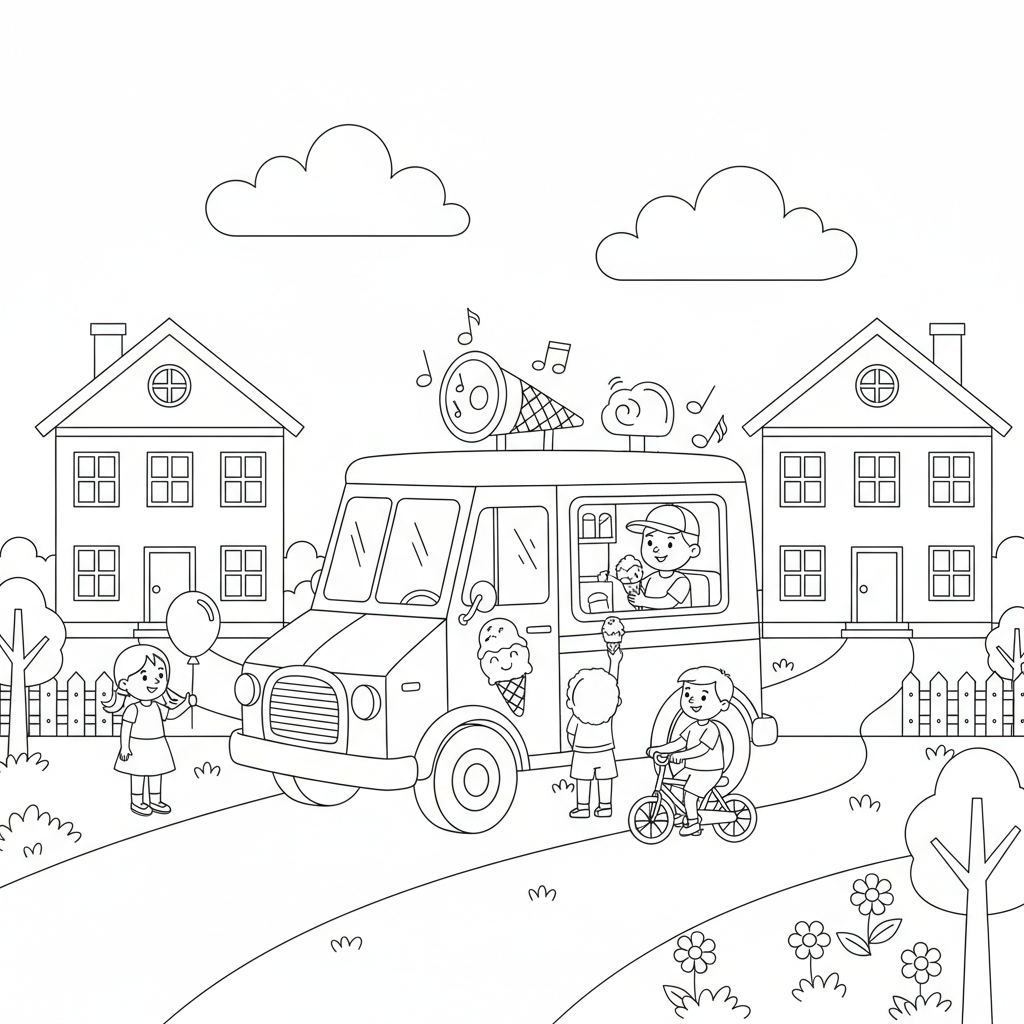 Ice cream truck playing music neighborhood - Free Printable Coloring Page