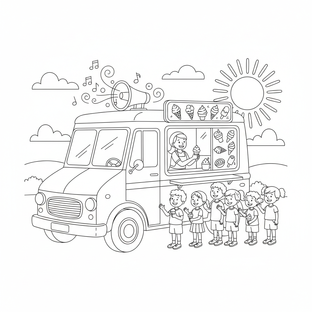 Ice Cream Truck Playing Music - Free Printable Coloring Page Ice Cream Truck Playing Music - Free Printable Coloring Page