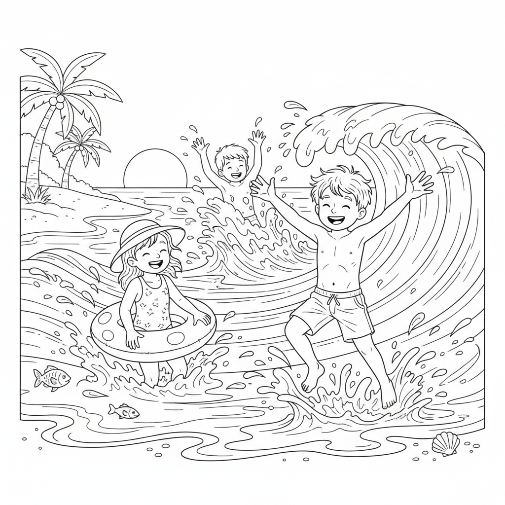 Kids Splashing In Ocean Waves - Free Printable Coloring Page Kids Splashing In Ocean Waves - Free Printable Coloring Page