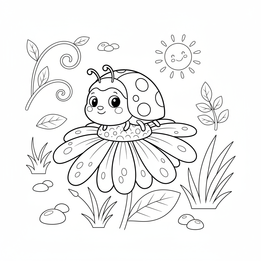 Coccinelle sur un pétale de fleur d'été, nature - Coloriage gratuit à imprimer