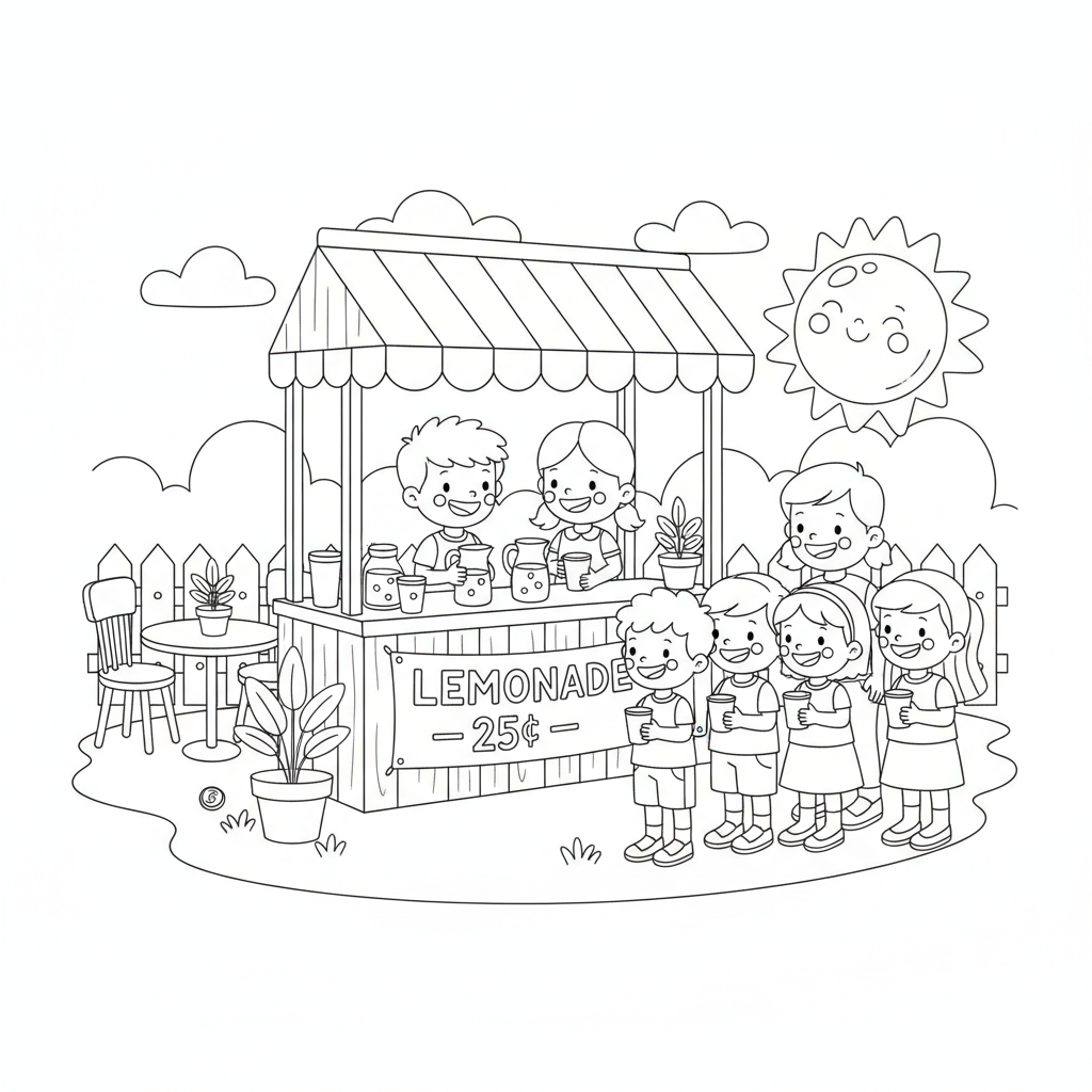Lemonade stand with customers business - Free Printable Coloring Page