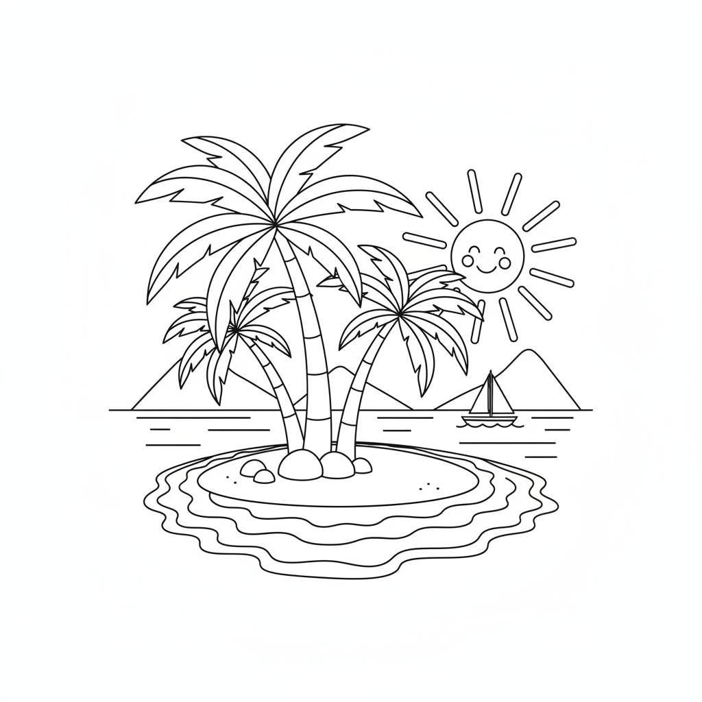 Palmiers sur une plage tropicale paradisiaque - Coloriage gratuit à imprimer