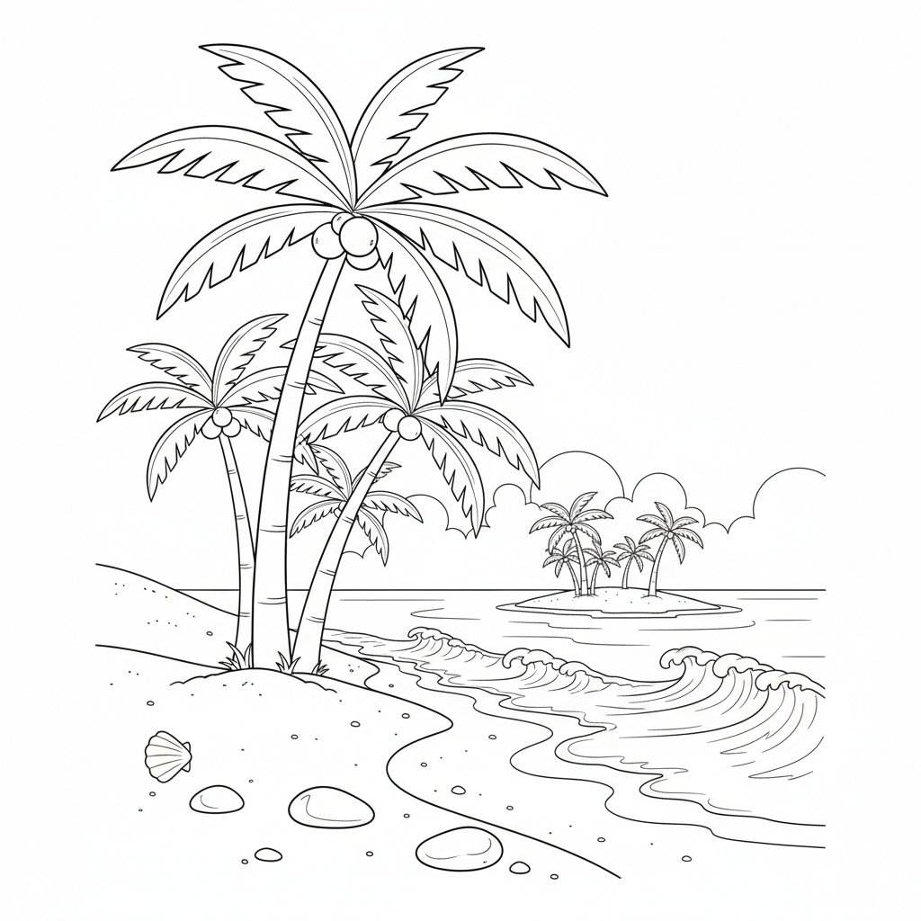 Palm Trees On Tropical Beach - Free Printable Coloring Page Palm Trees On Tropical Beach - Free Printable Coloring Page